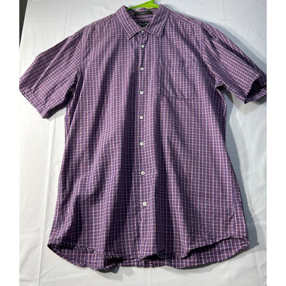 Eddie Bauer Mens Tall XL Purple Plaid Short Sleeve Button Down Shirt Classic Fit